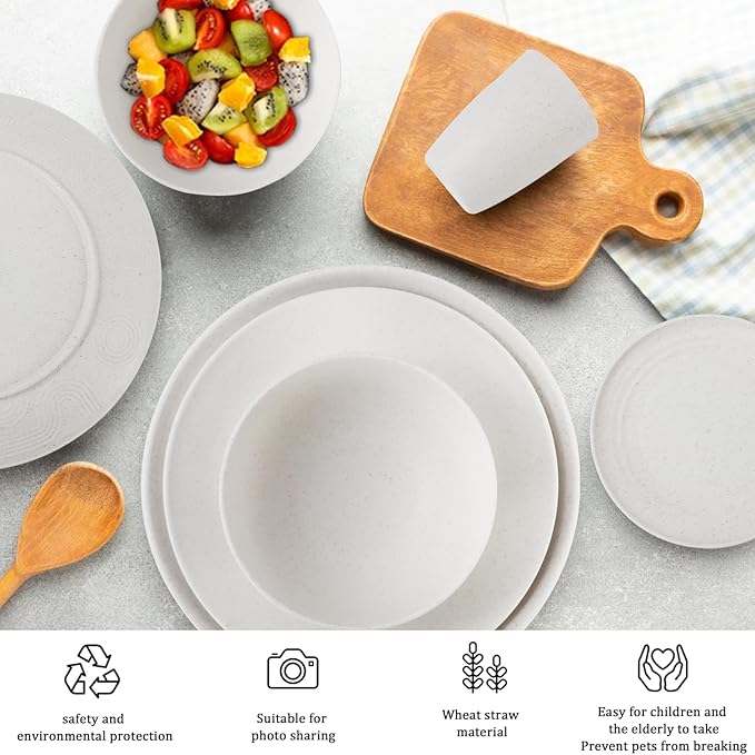40 PCS Premium Wheat Straw Dinnerware Sets for 8, Unbreakable and Lightweight Dinner Plates,Microwave Safe Plates and Bowls Sets for Kitchen,Picnic and Party,Cereal & Salad Bowls,Water Glasses(Beige)