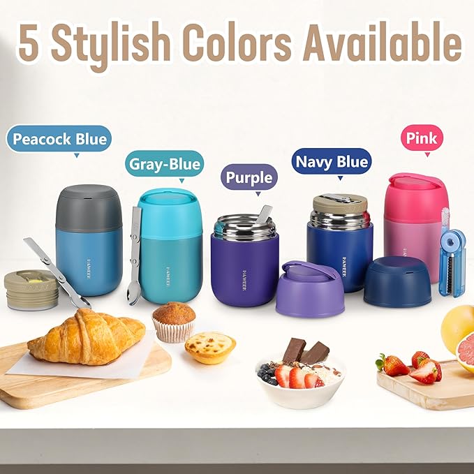 17oz Soup Thermo for Hot Food Adults Insulated Food Jar Thermo Hot Food Lunch Container Wide Mouth Stainless Steel Lunch Box for Kids with Folding Spoon Cleaning Brush Purple