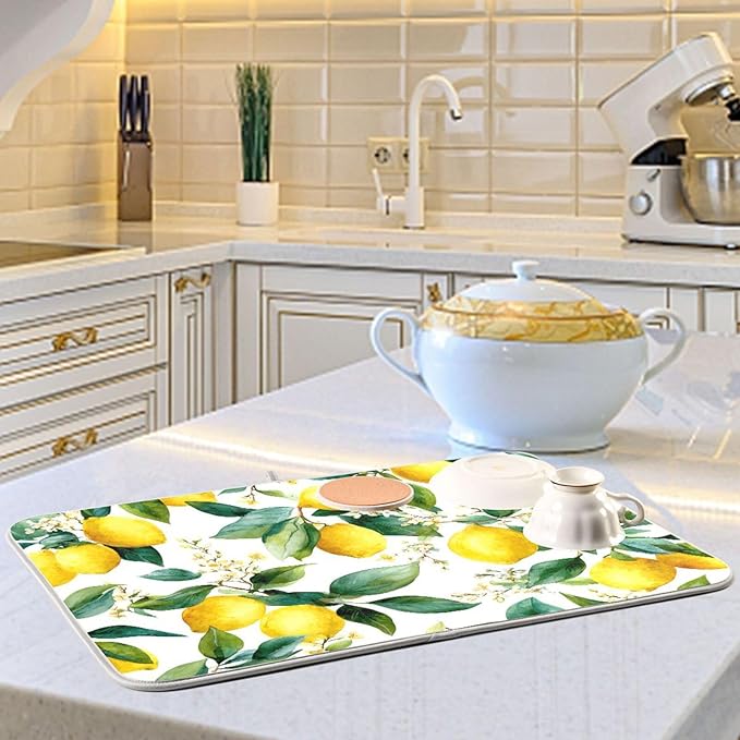 Watercolor Lemons Dish Drying Mat for Kitchen Counter Super Absorbent Dishes Pad Reversible Microfiber Protector Dish Draining Mats 18x24 inch