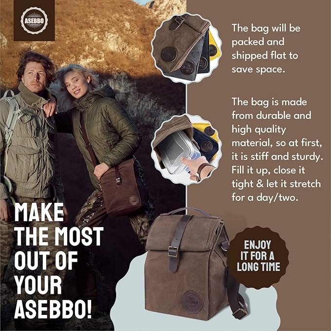 ASEBBO Insulated Lunch Bag 10L Sturdy Waxed Canvas Lunch Box for Men and Women, Leakproof Insulated Cooler Bag for Work Picnic Hiking, Lunchbox for Adults with Shoulder Strap (Brown)