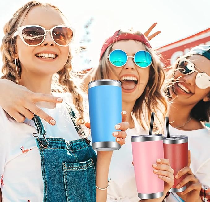 VEGOND 20oz Tumbler with Lid and Straw Stainless Steel Tumbler Cup Bulk Vacuum Insulated Double Wall Travel Coffee Mug Powder Coated Coffee Cup(Sky Blue 6 Pack