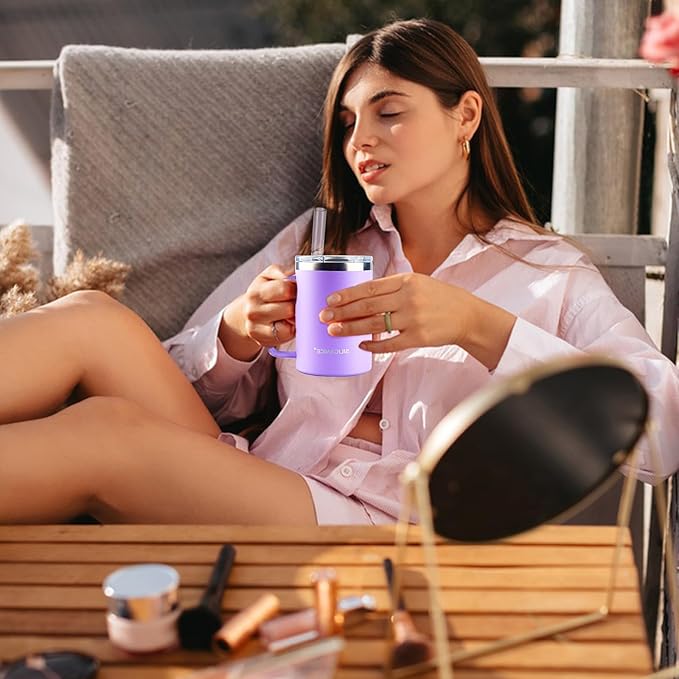 14 oz Purple Stainless Steel Coffee Mug, Reusable Travel Tumbler with Lid & Handle – Dishwasher-Safe Thermos Cup for Women, Ideal for Office/Travel Use with Hot/Cold Drinks
