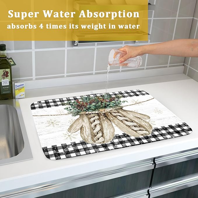 Christmas Dish Drying Mat for Kitchen Counter 18x24 Inches, Xmas Winter Glove Snowflake Buffalo Checked Plaid Microfiber Absorbent Dishes Drainer Rack Pads under Sink
