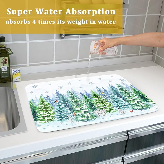 Winter Bear Bird Dish Drying Mat - Welcome Christmas Snowflake Drying Pad for Counter Forest Wildlife Dish Drainer Mat Cabin Animal Kitchen Accessories 18 x 24 Inch