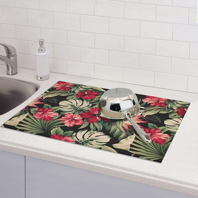 Red Flowers Dish Drying Mats for Kitchen Counter, Blossom Floral Large Mat Dishes Microfiber Diatom Mud Rack Drainer Pad Washable Absorbent Dry 18×24 Inch Coffee Bar Decor Coffee Station Accessories