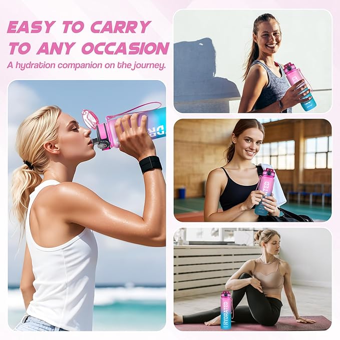 Water Bottle, 32oz Sports Water Bottles with Time Marker Wide Mouth, Motivational and Leakproof Drink Bottle, BPA Free Tritan with Carry Strap for Gym Fitness Outdoor (Direct Drink 1 Bottle)