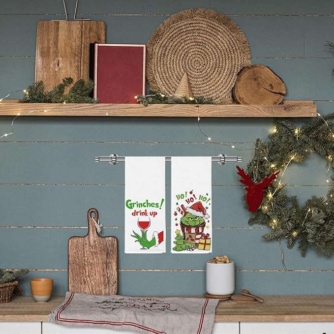 Christmas Kitchen Decor,Christmas Hand Kitchen Towels Set of 2,Hot Cocoa Xmas Tree Drink Up Towels Ho Ho Ho Baking Cooking Cloth,Funny Holiday Winter Home Kitchen Decoration 14 x 23 Inches