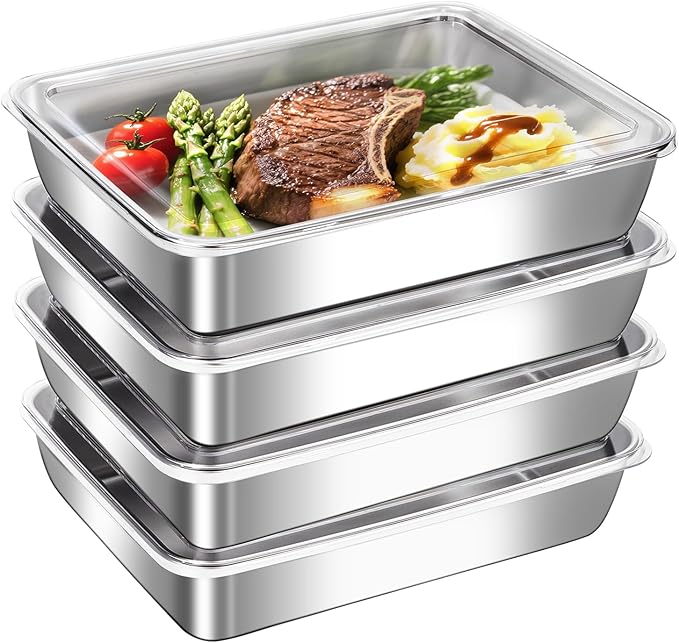 4 Pcs Stainless Steel Food Containers with Clear Lids, Stackable Snack Storage Boxes, Deli Meat Keeper for Refrigerator or Picnic, BBQ Party, Office, Gym Lunch