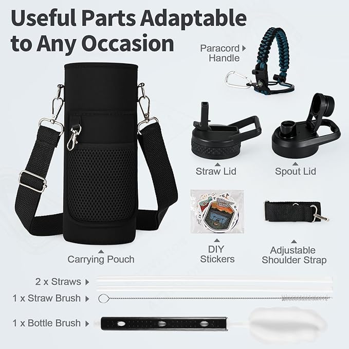 24 oz Insulated Water Bottle with Straw (Cold for 48 Hrs), Stainless Steel Triple Wall Vacuum Sports Water Jug, Leakproof Hydro Cup Flask with Paracord Handle & Straw Spout Lids & DIY Stickers