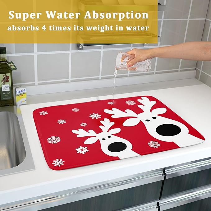 Christmas Dish Drying Mat for Kitchen Counter Cute Reindeer Winter Microfiber Absorbent Dish Draining Reusable Washable Foldable Extra Large 18"x24"