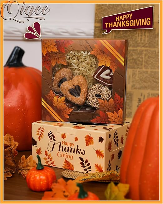 qiqee Thanksgiving Bakery Box with Window 60packs 6x6x3 Gold Leaves Cookie Boxes Pastry Box for Thanksgiving Day