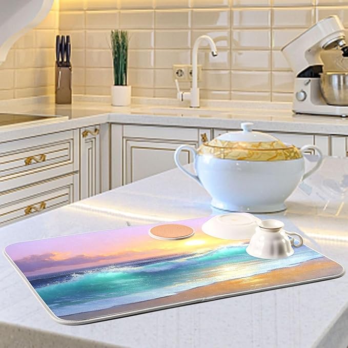 Sun Shines Waves Purple Sky Dish Drying Mat for Kitchen Counter Super Absorbent Dishes Pad Reversible Microfiber Protector Dish Draining Mats 18x24 inch