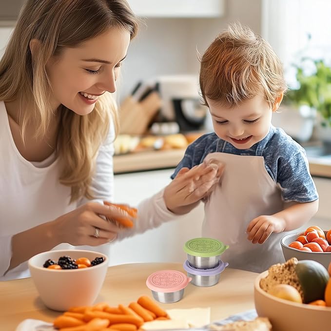3X1.6-ounce stainless steel salad dressing cup with leak-proof silicone lid, reusable sauce container, seasoning box, lunch box accessory, children's snack dispensing can