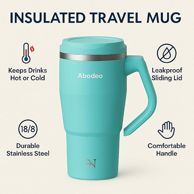 32 oz Leak Proof Insulated Coffee Tumbler | Stainless Steel Tumblers, Rotatable Handle, Straw and Lid | Spill Proof Travel Coffee Mug, Fits Most Car Cup Holders (Fresh Mint Blue)