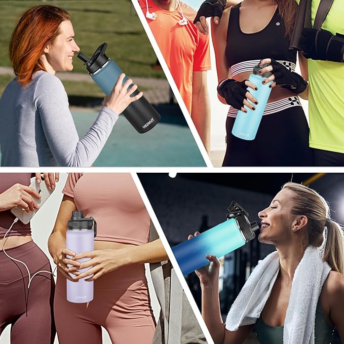 24oz Insulated Water Bottle with Straw&2 Lids, Stainless Steel Water Bottles, Sports Metal Water Bottle Cup, Double Walled Vacuum Insulated Bottles Leak-Proof Travel, Blue