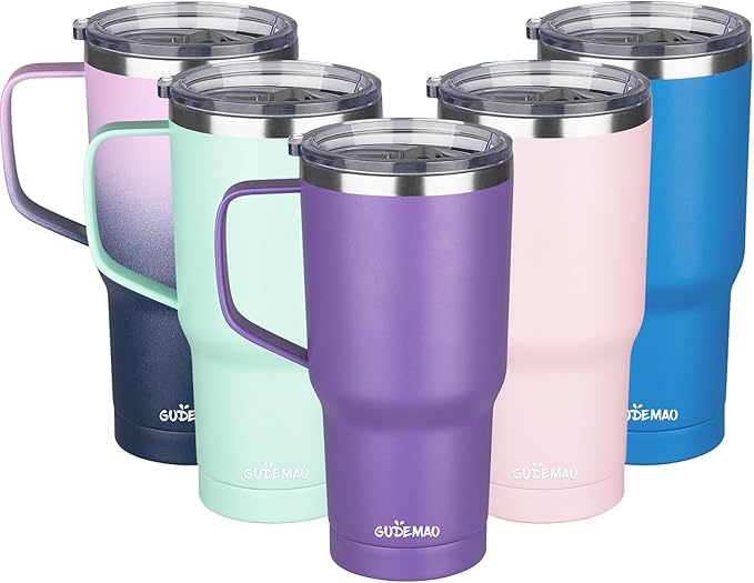 20 oz Insulated Coffee Mug with Ceramic Coating, Stainless Steel Travel Mug Tumbler with Handle Lid and Straw, Double Wall Leak-Proof Coffee Travel Mug Keeps Drink Hot and Cold (Purple)