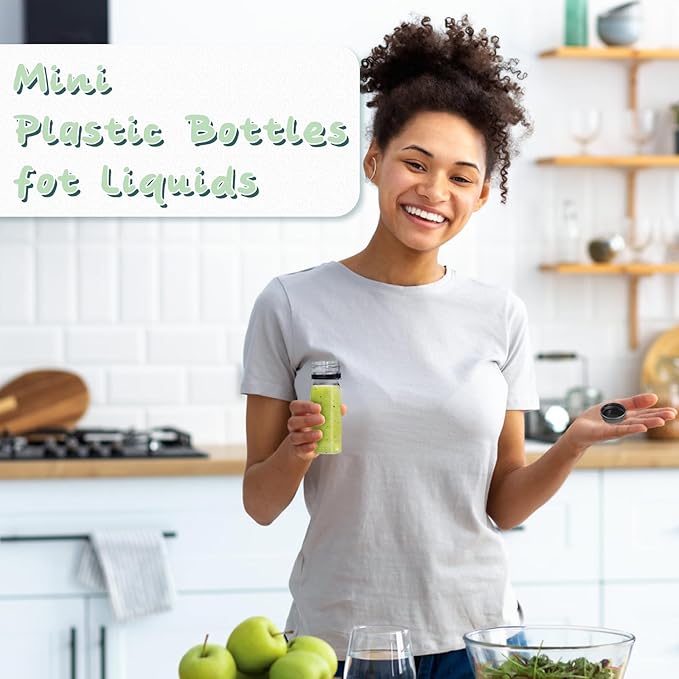 30 Pcs 2 Oz Small Plastic Bottles for Liquids,Ginger Shot Bottle with Lids,Reusable Bulk Beverage Containers for Juice,Liquor,Potion,Wellness,DIY,Wedding,Party,Travel(Black Cap)