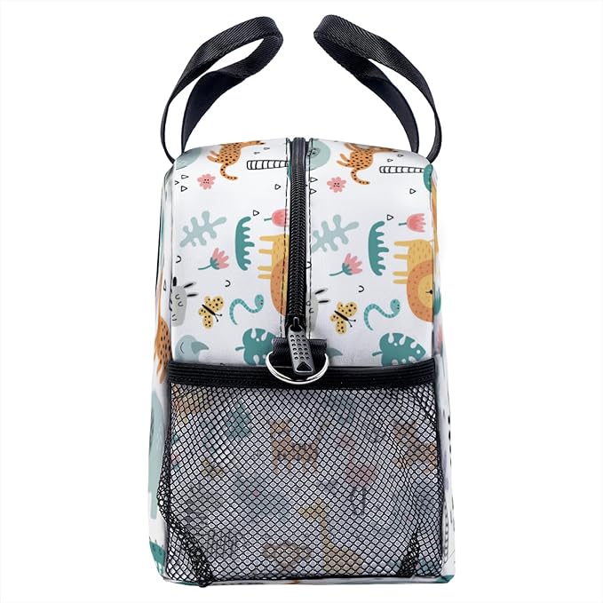 Animal Giraffe Elephant Lion Lunch Bag for Women Men Cute Large Capacity Thermal Lunch Tote Reusable Washable with Adjustable Shoulder Strap and Dual Large Mesh Side Pockets