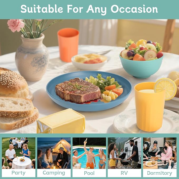 28 Piece Wheat Straw Dinnerware Sets,Dishwasher & Microwave Safe Plates and Bowls Sets - Unbreakable Plastic Dinnerware Sets for 4 Dinner Plates, Cups, Cereal Bowls - Colorful Series