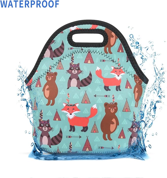 Violet Mist Womens Reusable Neoprene Lunch Bag Cute Insulated Lunch Box Fox Bear Animal Thermal lunch bags Waterproof Food Handbags Meal Prep Lunchbags Travel Work Gift for Women Men Adult