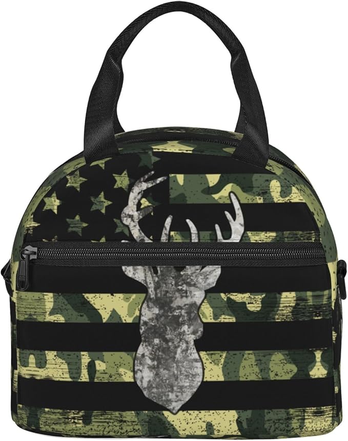American Flag Deer Camo Reusable Insulated Lunch Box Waterproof Lunch Bag with Detachable and Adjustable Shoulder Strap for Office Picnic or Travel