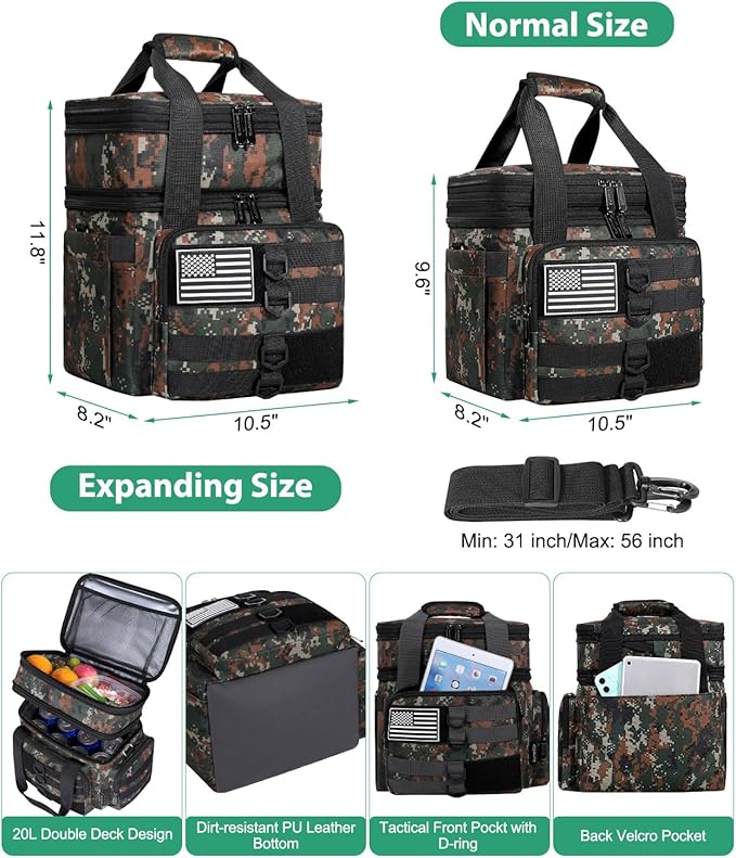 Tactical Lunch Box for Men, Large Insulated Lunch Bag for Adult, Heavy Duty Double Deck Expandable Lunch Cooler Bag with American Flag, Leakproof Soft Lunch Pail for Work Office Camping - Camo Green