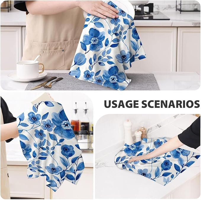 Blue Flower Kitchen Dish Towels Set of 2, Watercolor Floral Tea Towels for Kitchen Baking Cooking Spring Summer Holiday Home Decor 16"x24", Soft Absorbent Modern Hand Drying Cloth