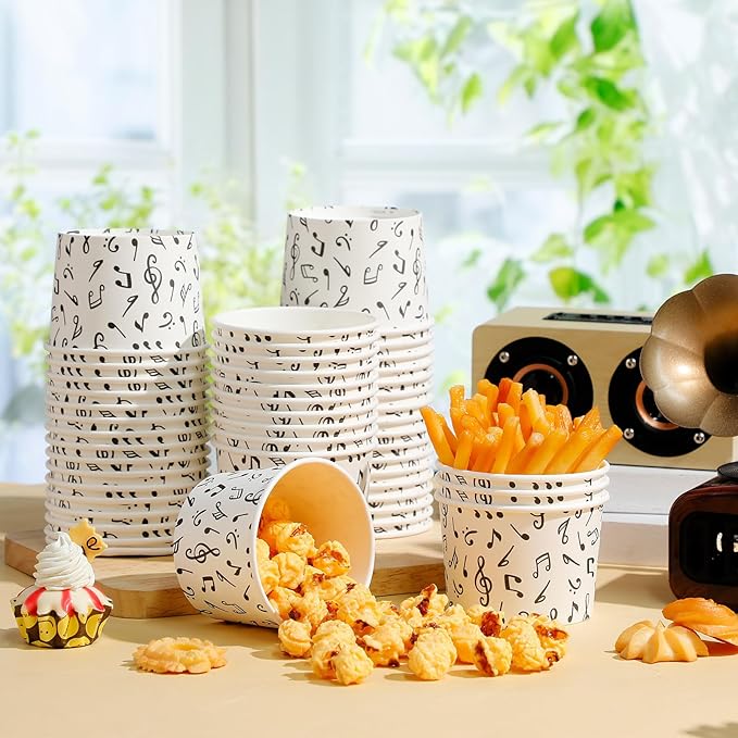 50 Pack Music Notes Ice Cream Cups 9 oz Musical Disposable Dessert Bowls Paper Soup Bowls Snack Cups for Hot or Cold Food for Music Birthday Baby Shower Party Decorations Wedding Anniversary