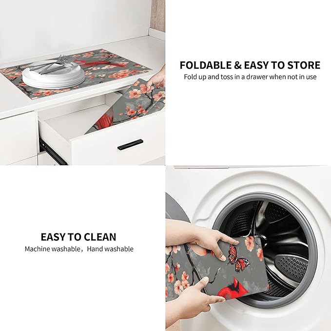 Cardinal Birds Dish Drying Mat for Kitchen Counter Microfiber Super Absorbent Non-Slip Dish Drying Pad for Countertops Dishes Utensils Stylish Quick-Dry Machine Washable 18x24 Inch