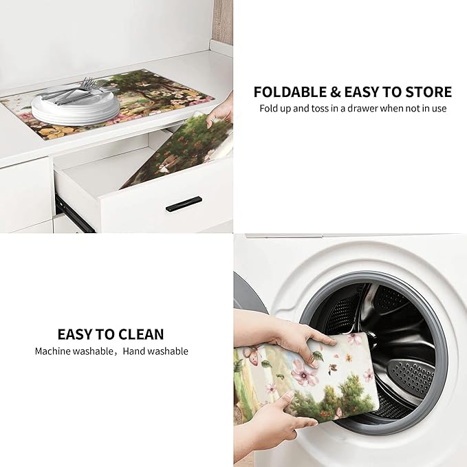 Retro Country Woods Deer Dish Drying Mat 18x24 Inch, Microfiber Absorbent Fast Dry Mat Flowers Butterfly Large Dish Mat Drying Kitchen Mat, Kitchen Drying Pad for Kitchen Counter Coffee Bar Decor