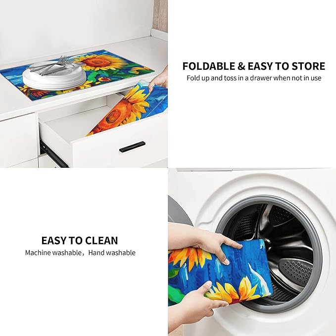 Sunflower Dish Drying Mat for Kitchen Counter Microfiber Super Absorbent Non-Slip Dish Drying Pad for Countertops Dishes Utensils Stylish Quick-Dry Machine Washable 18x24 Inch