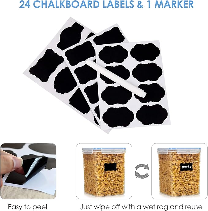 Vtopmart Food Storage Containers 2.5L / 84.5oz, 4 Pieces BPA Free Plastic Airtight Canister for Flour, Sugar, Baking Supplies, with 4 Measuring Cups and 24 Labels, Blue