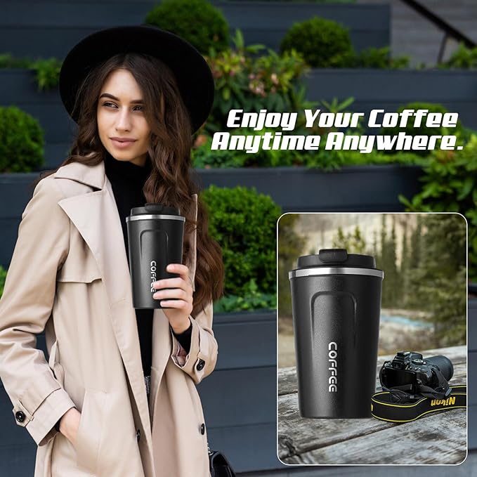 Travel coffee mugs leak-proof, reusable coffee cups with lids, stainless steel vacuum thermos coffee tumblers,thermal insulation cups for men and women keep hot & cold drinks(2nd-Black, 12OZ)
