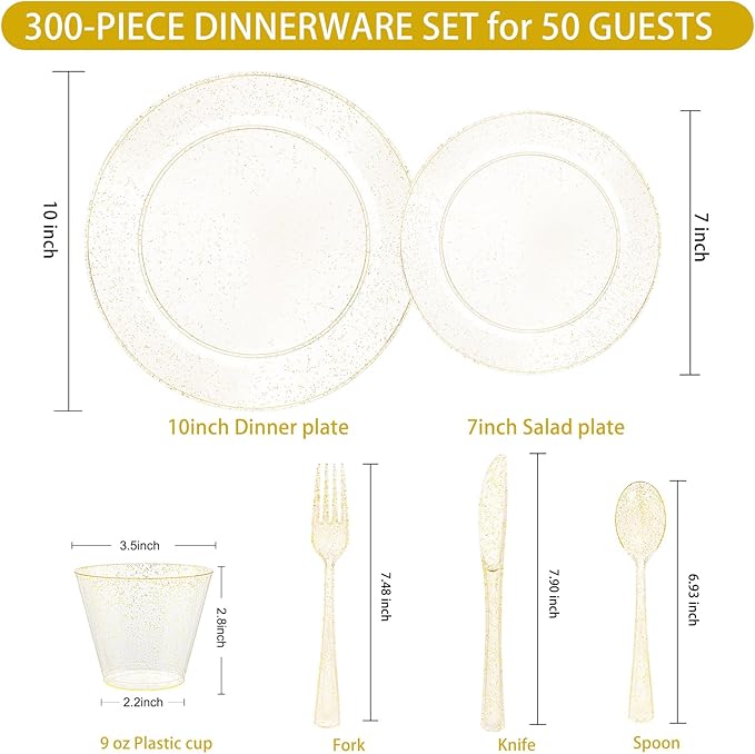 WELLIFE 300 PCS Gold Glitter Dinnerware Set for 50 Guests, Disposable Plastic Plates for Party, 50 Dinner Plates, 50 Salad Plates, 50 Cups Forks Knives Spoons for Wedding and Party Supplies