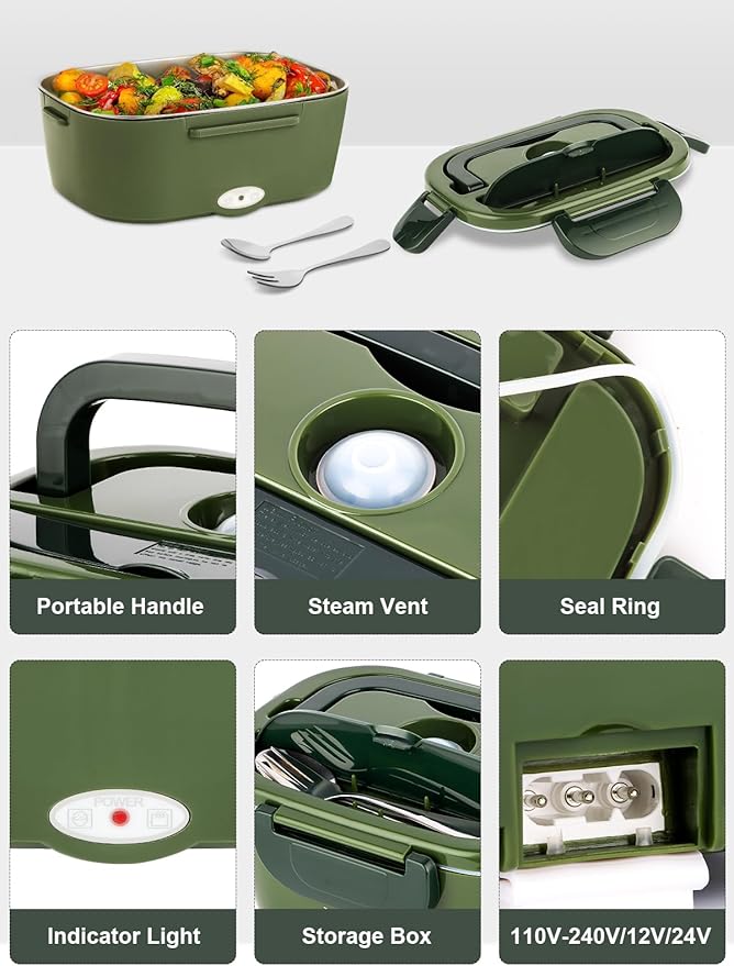 80W Electric Lunch Box for Adults, 1.5L Stainless Steel Food Warmer Lunchbox, 12V/24V/110V Portable Heated Lunch Box for Car/Truck/Office, Leak-Proof, Dishwasher-Safe with Insulated Bag(Green)