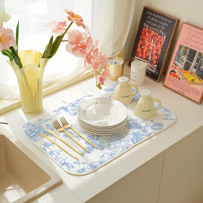 Baby Blue Chinoiserie Floral Dish Drying Mat 18 x 24 inch Vintage Flower Decorative Drying Mats Microfiber Absorbent Dish Washable Draining Mat for Kitchen Counter Decor