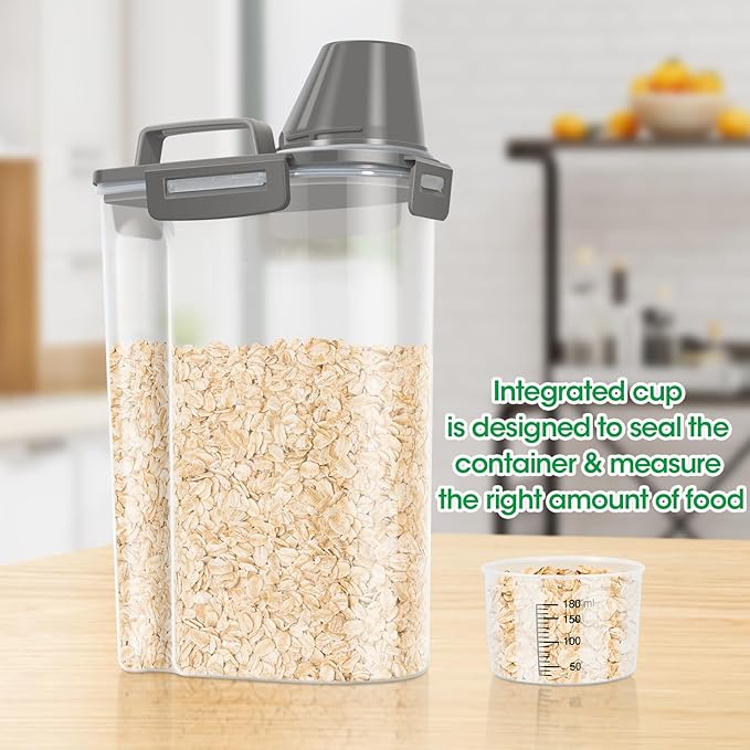TBMax Rice Container Cereal Storage Container 2 Pack 5 Lbs, Kitchen Pantry Dry Food Storage Holder with Easy-Pouring Spout & Handy Cup, Small Pet Dog Cat Food Dispenser for Daily Feeding -Grey