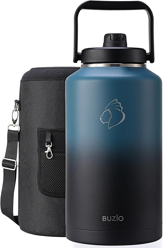 BUZIO 2 Gallon Water Bottle Insulated, (Cold for 48 Hrs) 256oz Extra Large Water Jug Stainless Steel, 4.4in Big Wide Mouth Leak Proof Metal Flask with Handle for Camping,Work,Travel, Indigo Black