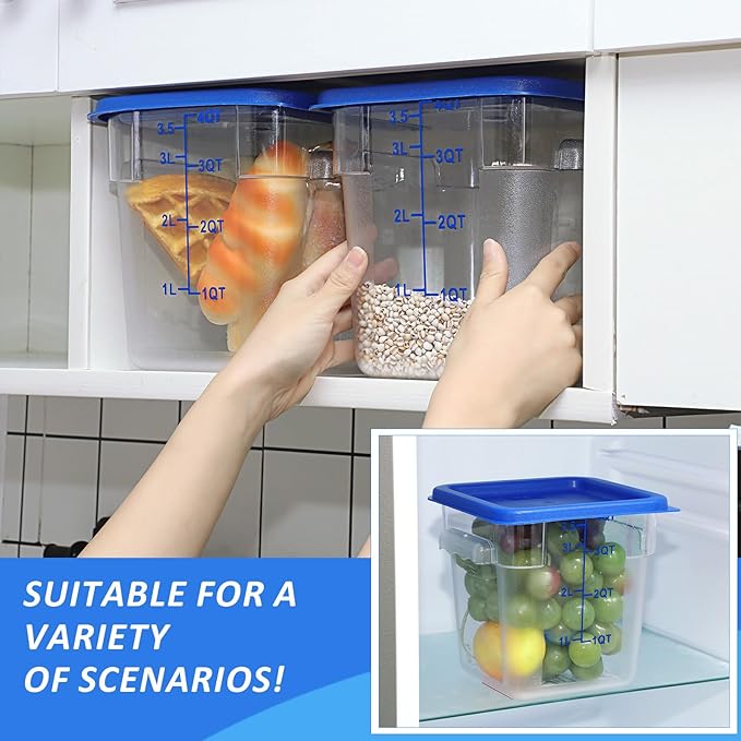 Yungyan 12 Pcs 6 Qt Commercial Food Storage Containers with blue Lids Restaurant Square Airtight Food Storage Containers Clear Cereal Container for Kitchen Freezer Dishwasher Pantry