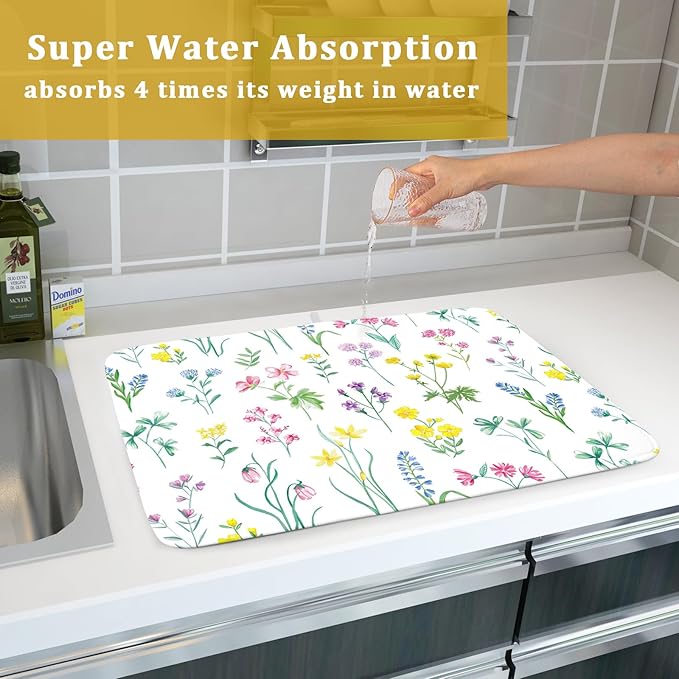 Spring Drying Mats for Kitchen Counter 18×24 Inch Watercolor Flower Large Microfiber Drying Mat Kitchen Accessories Dish Rack Mat Drainer Pad Washable Absorbent