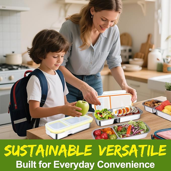 2 Pack Stainless Steel Snack Containers with Lids - Reusable 2 Compartment Snackle Box Container Divide Wet Dry Leakproof Metal Food Storage Containers for School, Home, Travel (Yellow + Orange)