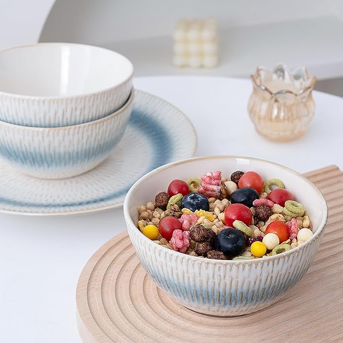 12 Pieces Ceramic Dinnerware Sets, Handmade Reactive Glaze Plates and Bowls Sets, Stoneware Set, Dishwasher & Microwave Safe Dishes set, Blue Relievo