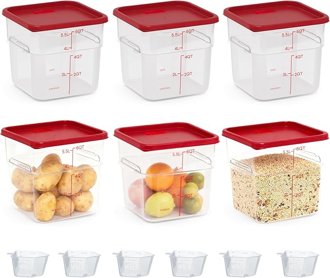6 Pack 6 Quart Square Clear Food Storage Containers with Lids Cereal Containers Storage Airtight Food Storage Containers for Restaurant Kitchen Home