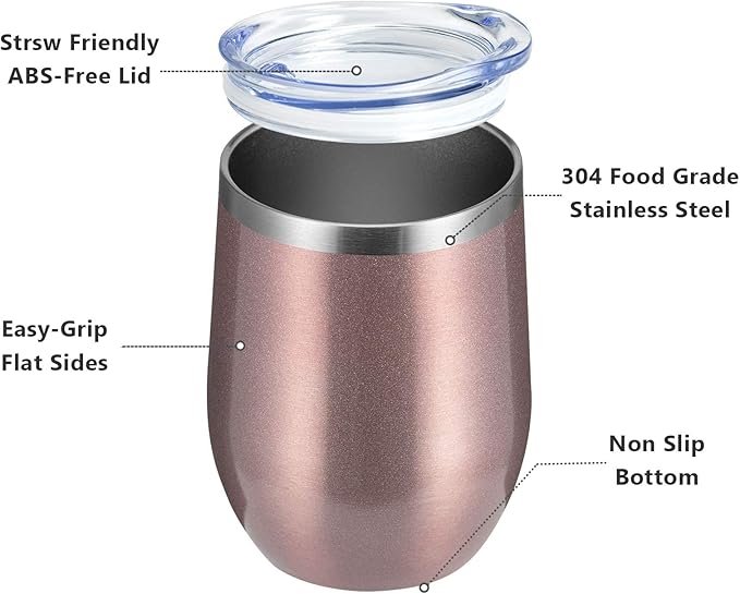 MEWAY 12oz Wine Tumbler 16 Pack Bulk Gifts for Women,Double Wall Vacuum Stainless Steel Travel Mug with Lid,Insulated Stemless Wine Cup Glass for Coffee,Cocktails,Drinks(Rose gold,Set of 16)