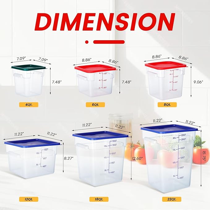 4 Pack Clear Food Storage Containers with Lids and Handles Polycarbonate Square Commercial Food Containers, NSF (6Qt)