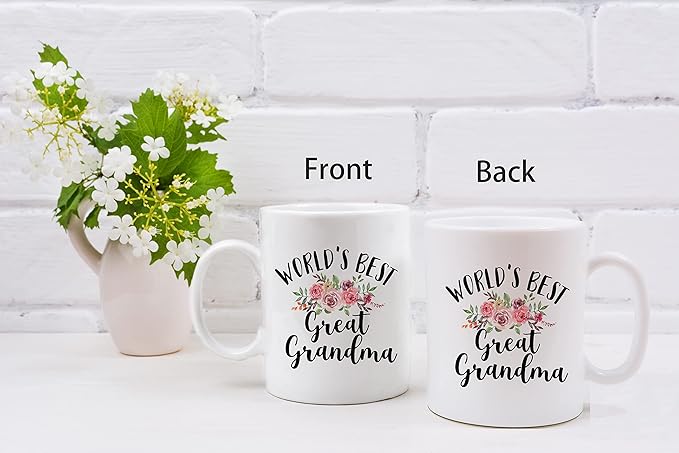 QASHWEY World's Best Great Grandma Floral Coffee Mugs Mug, Great Grandma Birthday Mother's Day Gifts From Great Grandkids, Best Great Grandmother Gifts Double Side Printed Ceramic Mug Cup 11 Ounce