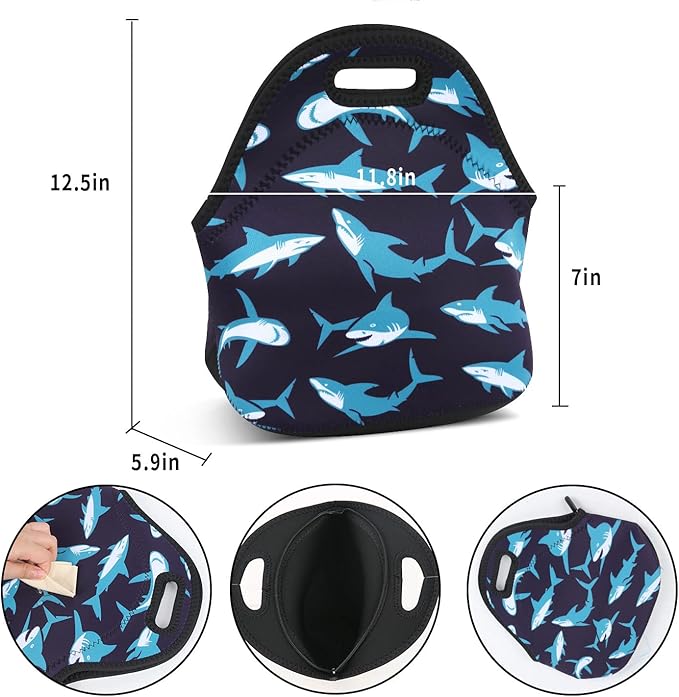 Violet Mist Womens Cute Reusable Neoprene Lunch Bag Insulated Lunch Box Thermal Shark Lunch Bags Tote Waterproof Animal Food Handbags Meal Prep Lunchbags Travel Work Gift for Women Men Adult