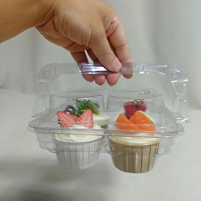 60 Pack of 4-Chamber Handheld Transparent Muffin Container, Disposable Plastic Cupcake Container With Lid, Cake Rack
