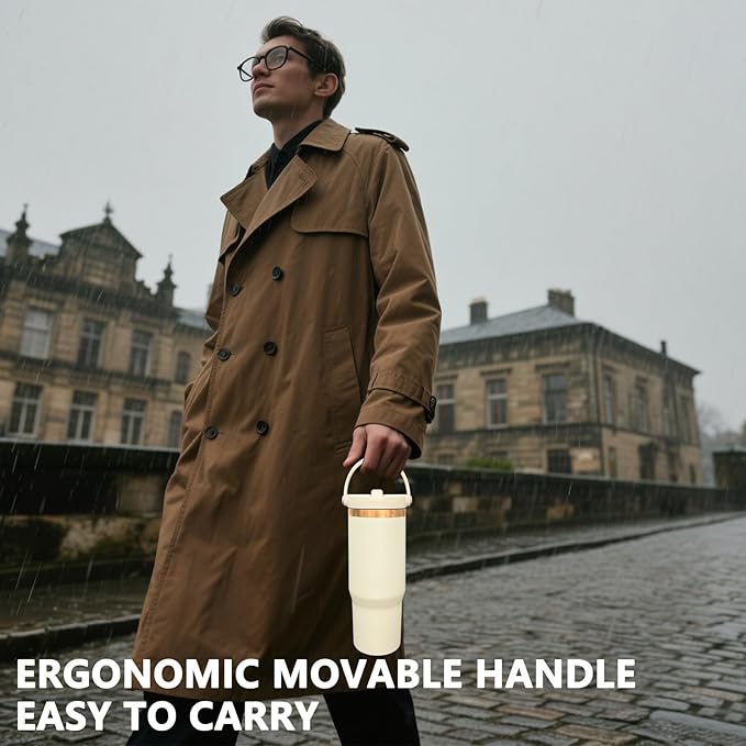 30 oz Tumbler Bulk with Handle and Straw, Vacuum Insulated Tumblers with Flip Straw and Top Handle, Leakproof Powder Coated Tumbler, Stainless Steel Travel Mug for Coffee Water (Cream, 4 Pack)