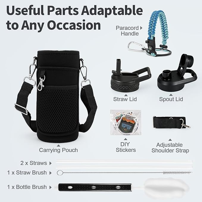 32 oz Insulated Water Bottle with Straw (Cold for 48 Hrs), Stainless Steel Triple Wall Vacuum Sports Water Jug, Leakproof Hydro Cup Flask with Paracord Handle & Straw Spout Lids & DIY Stickers